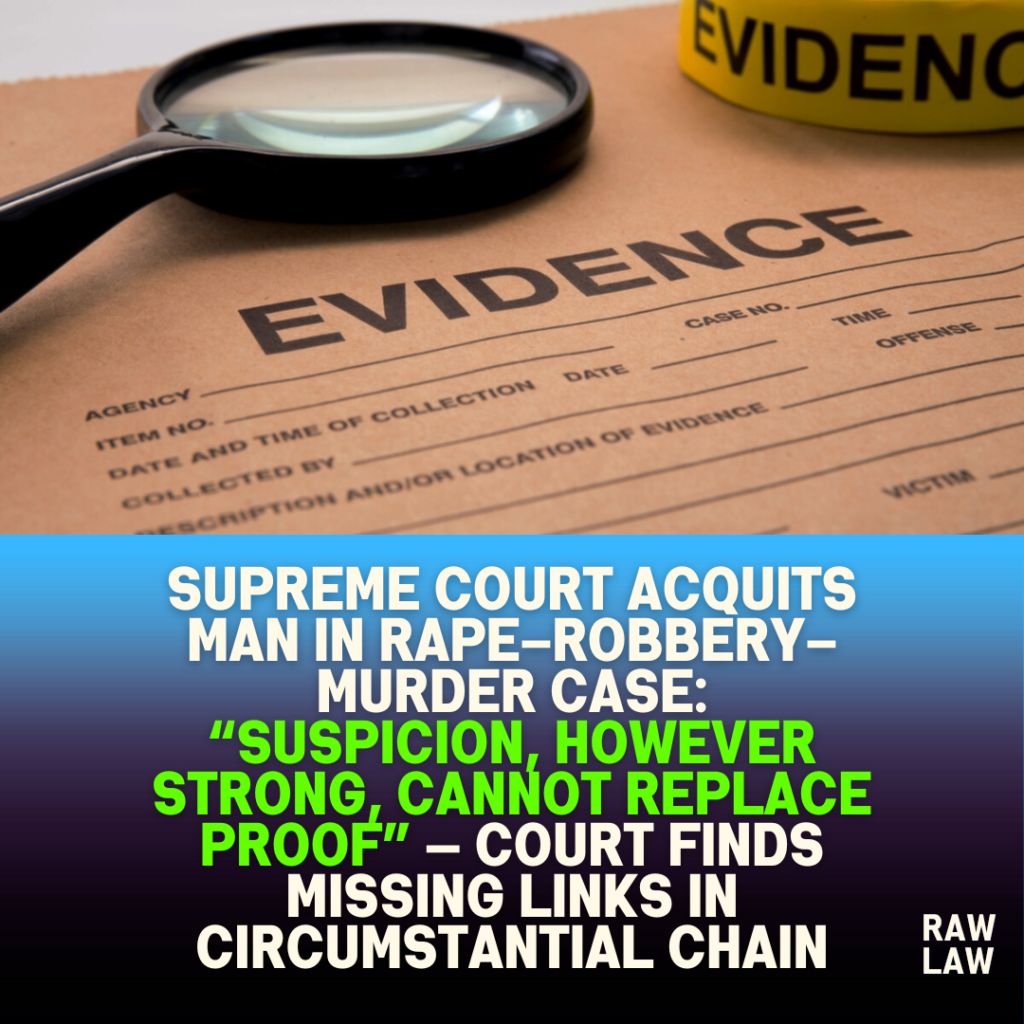 Supreme Court Acquits Man in Rape–Robbery–Murder Case: “Suspicion, However Strong, Cannot Replace Proof” — Court Finds Missing Links in Circumstantial Chain