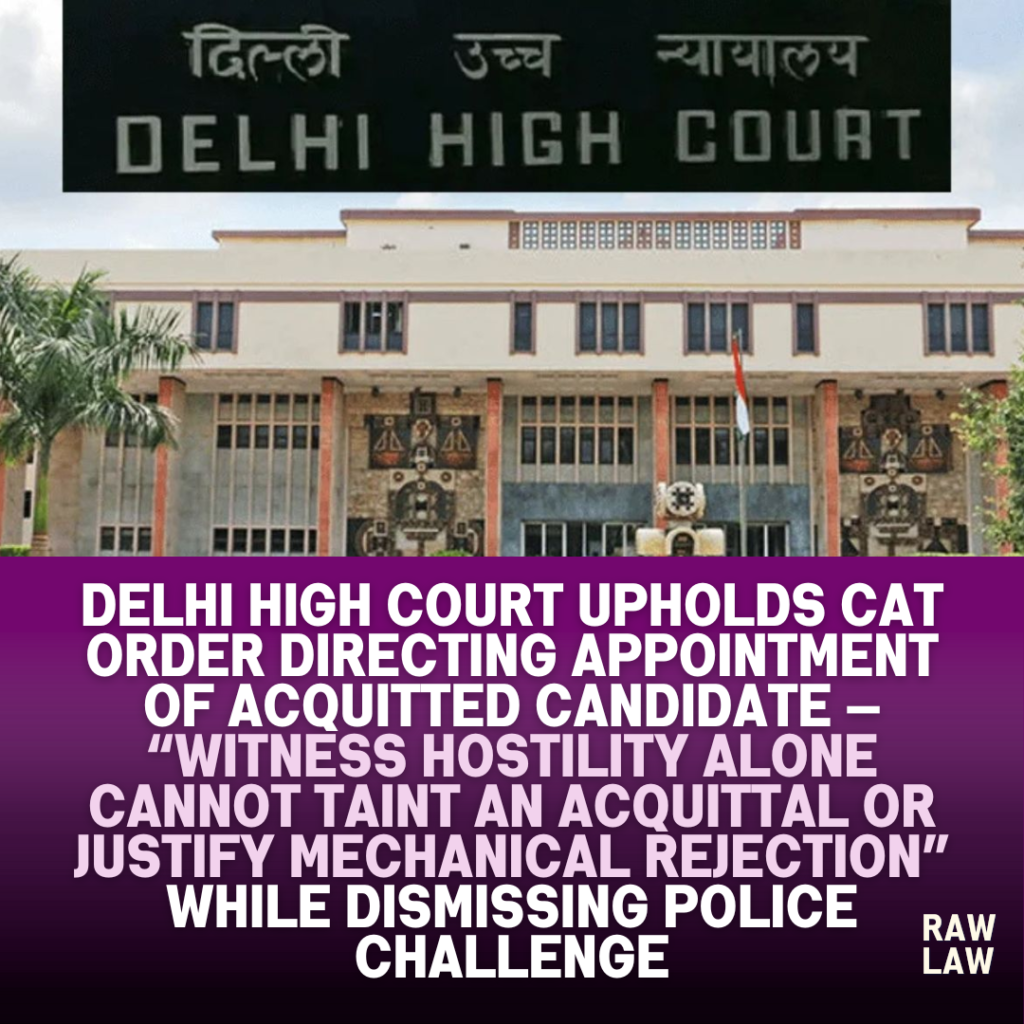 Delhi High Court upholds CAT order directing appointment of acquitted candidate — “Witness hostility alone cannot taint an acquittal or justify mechanical rejection” while dismissing police challenge 1 delhi high court