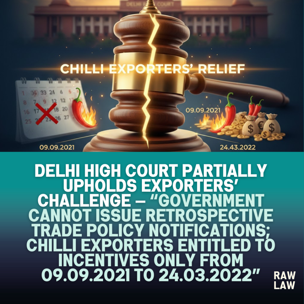 Delhi High Court partially upholds exporters’ challenge — “Government cannot issue retrospective trade policy notifications; chilli exporters entitled to incentives only from 09.09.2021 to 24.03.2022”