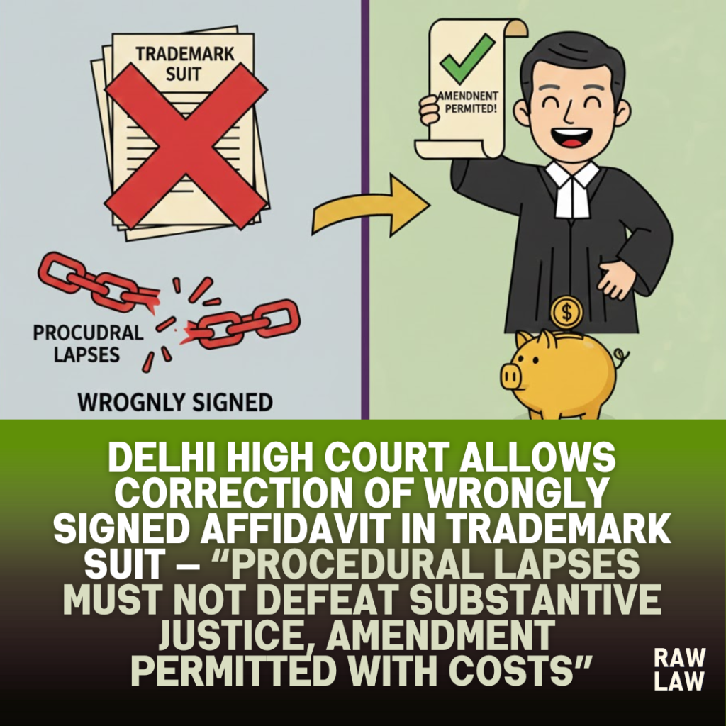 Delhi High Court allows correction of wrongly signed affidavit in trademark suit — procedural lapses must not defeat substantive justice, amendment permitted with costs 1 signed affidavit