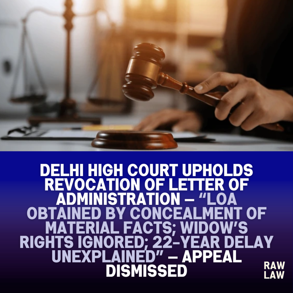 Delhi High Court upholds revocation of Letter of Administration — “LoA obtained by concealment of material facts; widow’s rights ignored; 22-year delay unexplained” — appeal dismissed 2 revocation