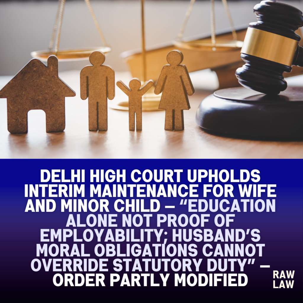 Delhi High Court upholds interim maintenance for wife and minor child — “Education alone not proof of employability; husband’s moral obligations cannot override statutory duty” — order partly modified 2 maintenance