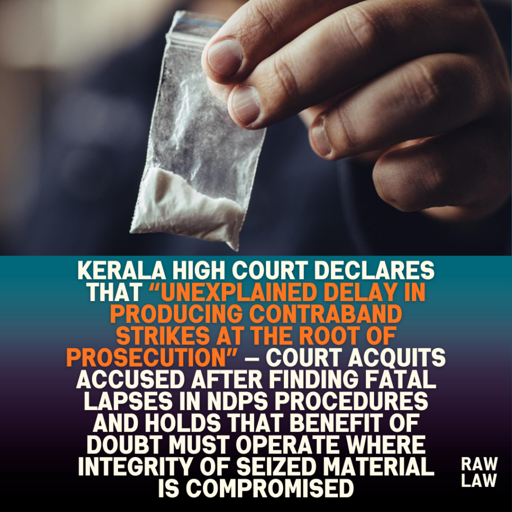 Kerala High Court declares that “unexplained delay in producing contraband strikes at the root of prosecution” — Court acquits accused after finding fatal lapses in NDPS procedures and holds that benefit of doubt must operate where integrity of seized material is compromised