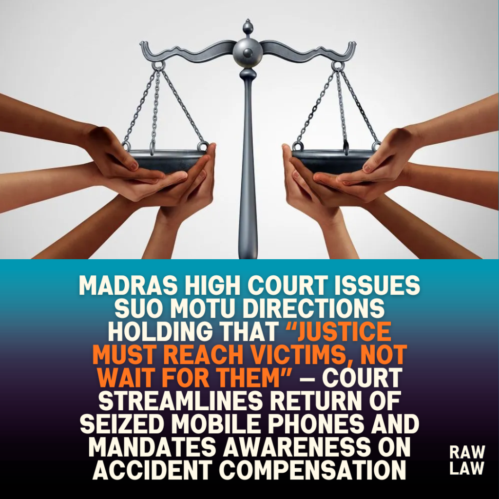 Madras High Court issues suo motu directions holding that “justice must reach victims, not wait for them” — court streamlines return of seized mobile phones and mandates awareness on accident compensation