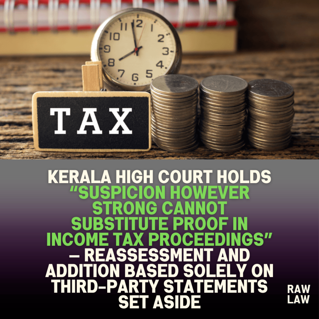 Kerala High Court holds “suspicion however strong cannot substitute proof in income tax proceedings” — reassessment and addition based solely on third-party statements set aside