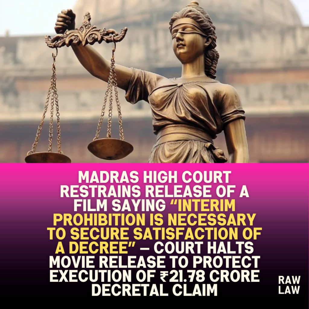 Madras High Court restrains release of a film saying “interim prohibition is necessary to secure satisfaction of a decree” — court halts movie release to protect execution of ₹21.78 crore decretal claim