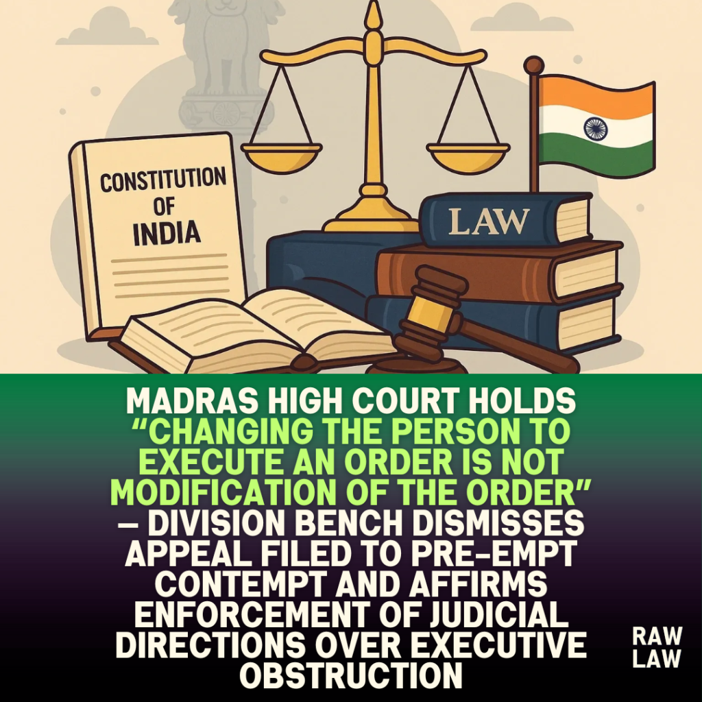 Madras High Court holds “changing the person to execute an order is not modification of the order” — division bench dismisses appeal filed to pre-empt contempt and affirms enforcement of judicial directions over executive obstruction