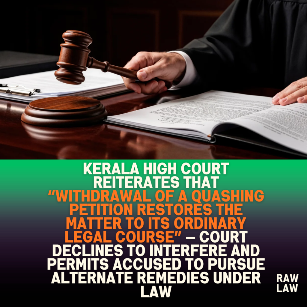 Kerala High Court reiterates that “withdrawal of a quashing petition restores the matter to its ordinary legal course” — Court declines to interfere and permits accused to pursue alternate remedies under law