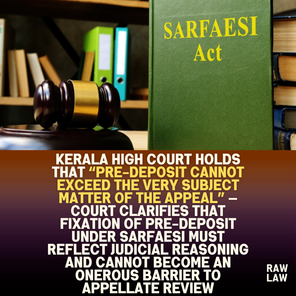 Kerala High Court holds that “pre-deposit cannot exceed the very subject matter of the appeal” — Court clarifies that fixation of pre-deposit under SARFAESI must reflect judicial reasoning and cannot become an onerous barrier to appellate review