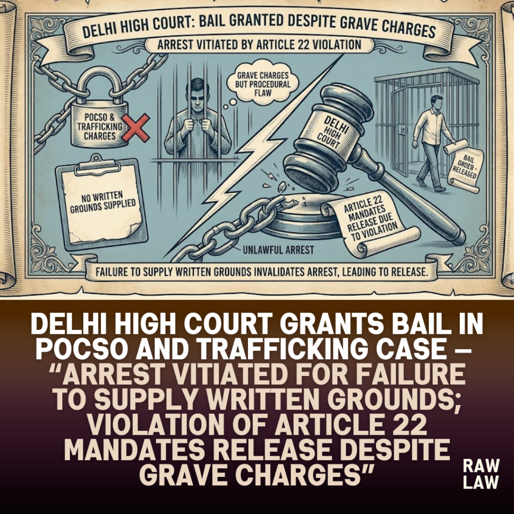Delhi High Court grants bail in POCSO and trafficking case — arrest vitiated for failure to supply written grounds; violation of Article 22 mandates release despite grave charges 1 pocso
