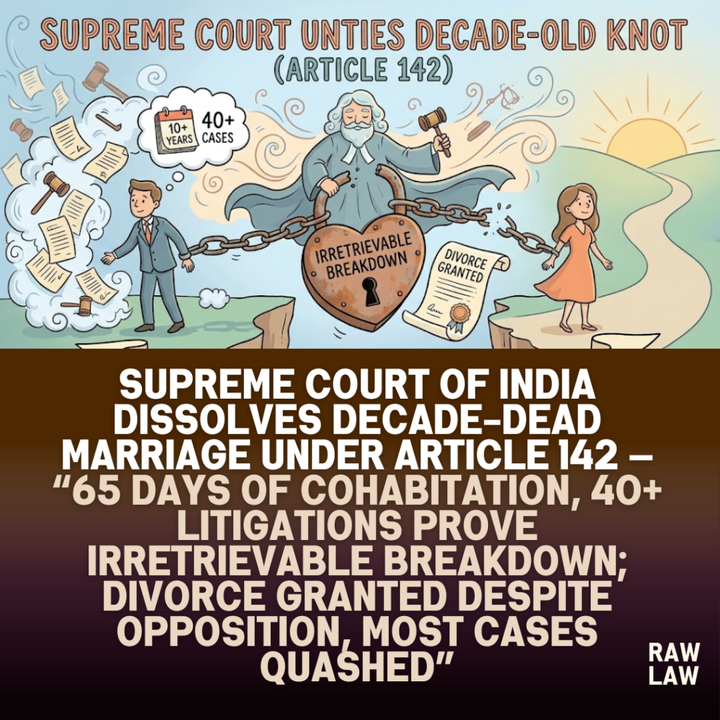 Supreme Court of India dissolves decade-dead marriage under Article 142 — 65 days of cohabitation, 40+ litigations prove irretrievable breakdown; divorce granted despite opposition, most cases quashed 1 dead marriage