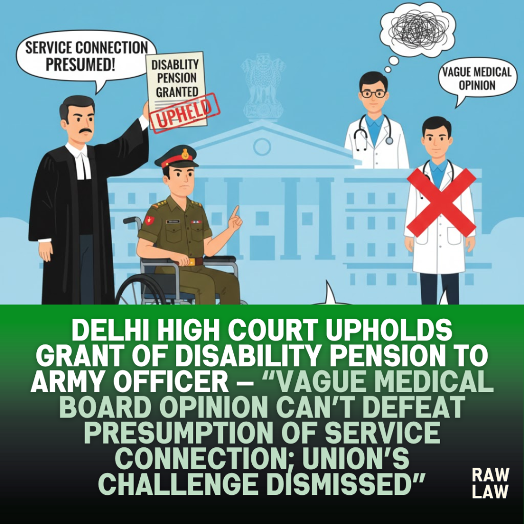 Delhi High Court upholds grant of disability pension to army officer — vague medical board opinion can’t defeat presumption of service connection; Union’s challenge dismissed 1 disability pension