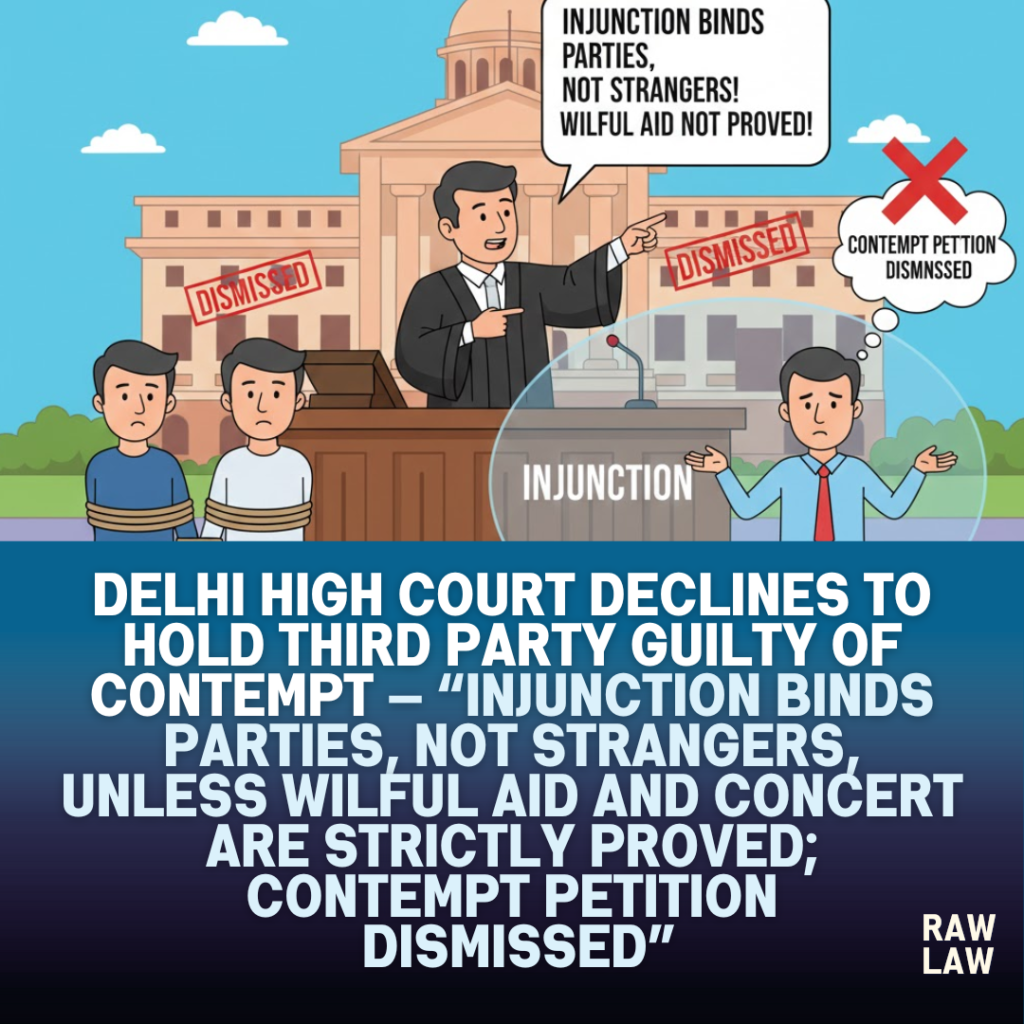 Delhi High Court declines to hold third party guilty of contempt — injunction binds parties, not strangers, unless wilful aid and concert are strictly proved; contempt petition dismissed 4 contempt