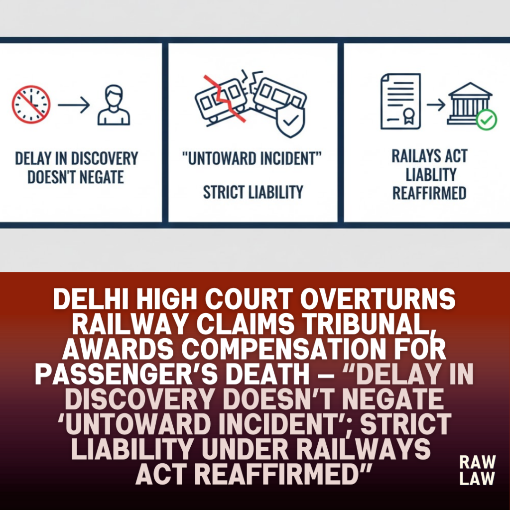 Delhi High Court overturns Railway Claims Tribunal, awards compensation for passenger’s death — delay in discovery doesn’t negate ‘untoward incident’; strict liability under Railways Act reaffirmed 2 passenger death