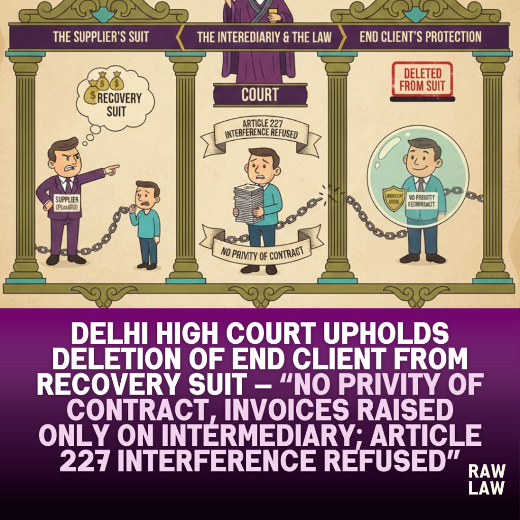 Delhi High Court upholds deletion of end client from recovery suit — no privity of contract, invoices raised only on intermediary; Article 227 interference refused 2 Legal ruling on contract disputes