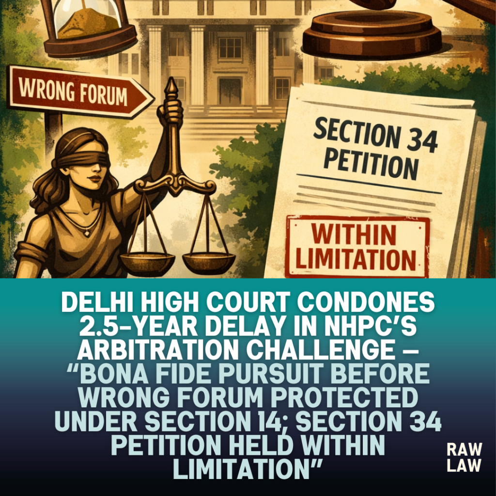 Delhi High Court condones 2.5-year delay in NHPC’s arbitration challenge — bona fide pursuit before wrong forum protected under Section 14; Section 34 petition held within limitation 2 NHPC