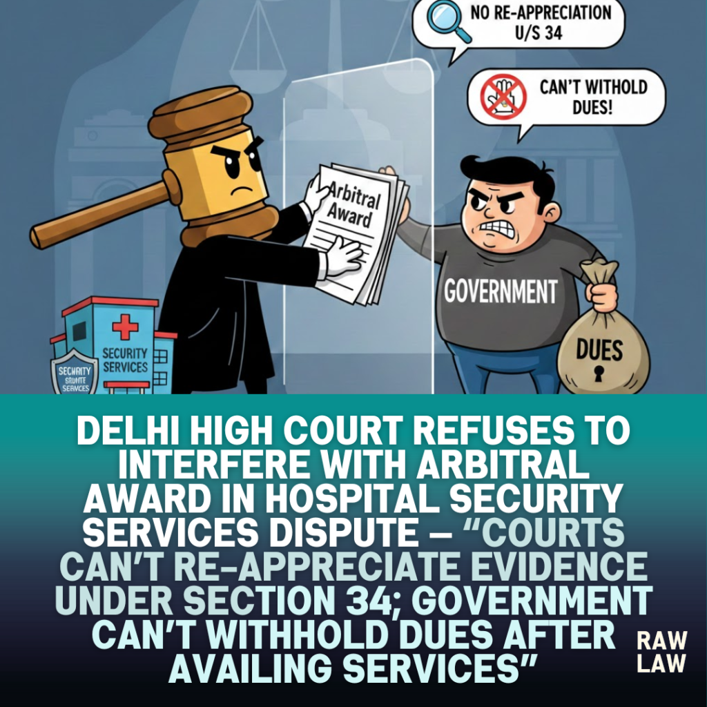 Delhi High Court refuses to interfere with arbitral award in hospital security services dispute — courts can’t re-appreciate evidence under Section 34; government can’t withhold dues after availing services 4 arbitral award