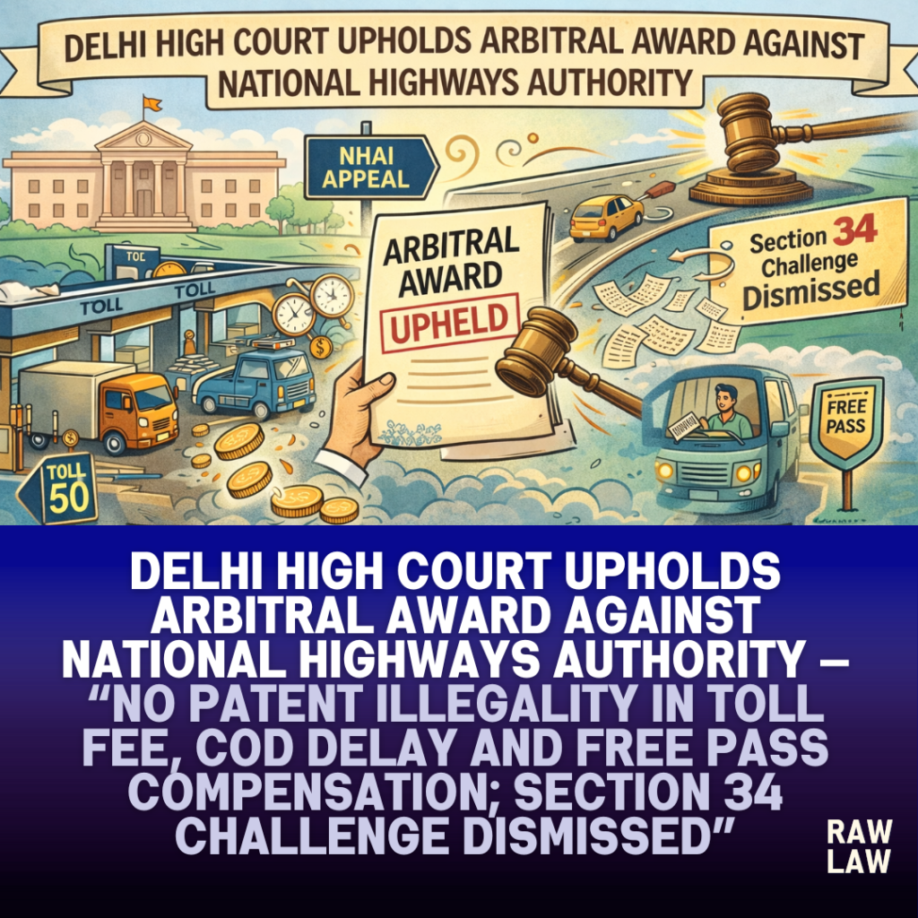 Delhi High Court upholds arbitral award against National Highways Authority — no patent illegality in toll fee, COD delay and free pass compensation; Section 34 challenge dismissed 1 arbitral award