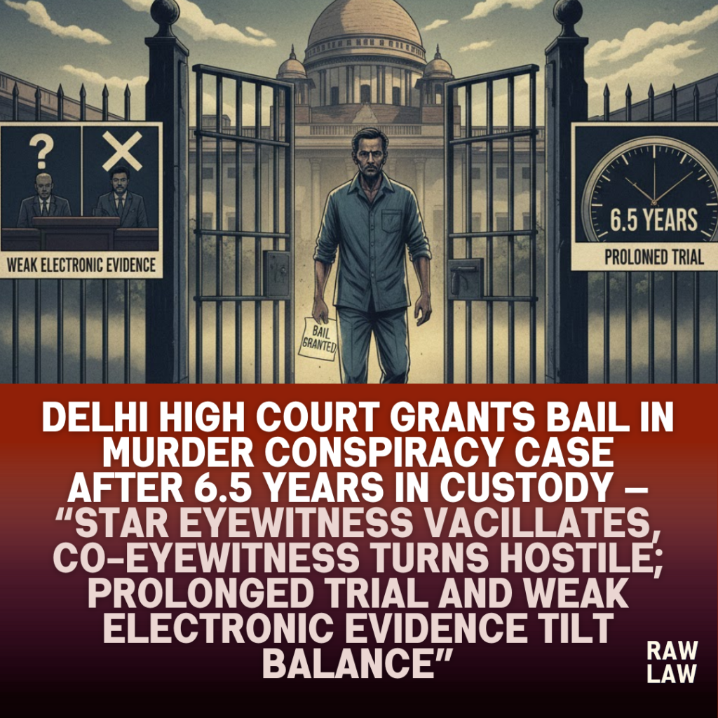 Delhi High Court grants bail in murder conspiracy case after 6.5 years in custody — star eyewitness vacillates, co-eyewitness turns hostile; prolonged trial and weak electronic evidence tilt balance 1 murder conspiracy