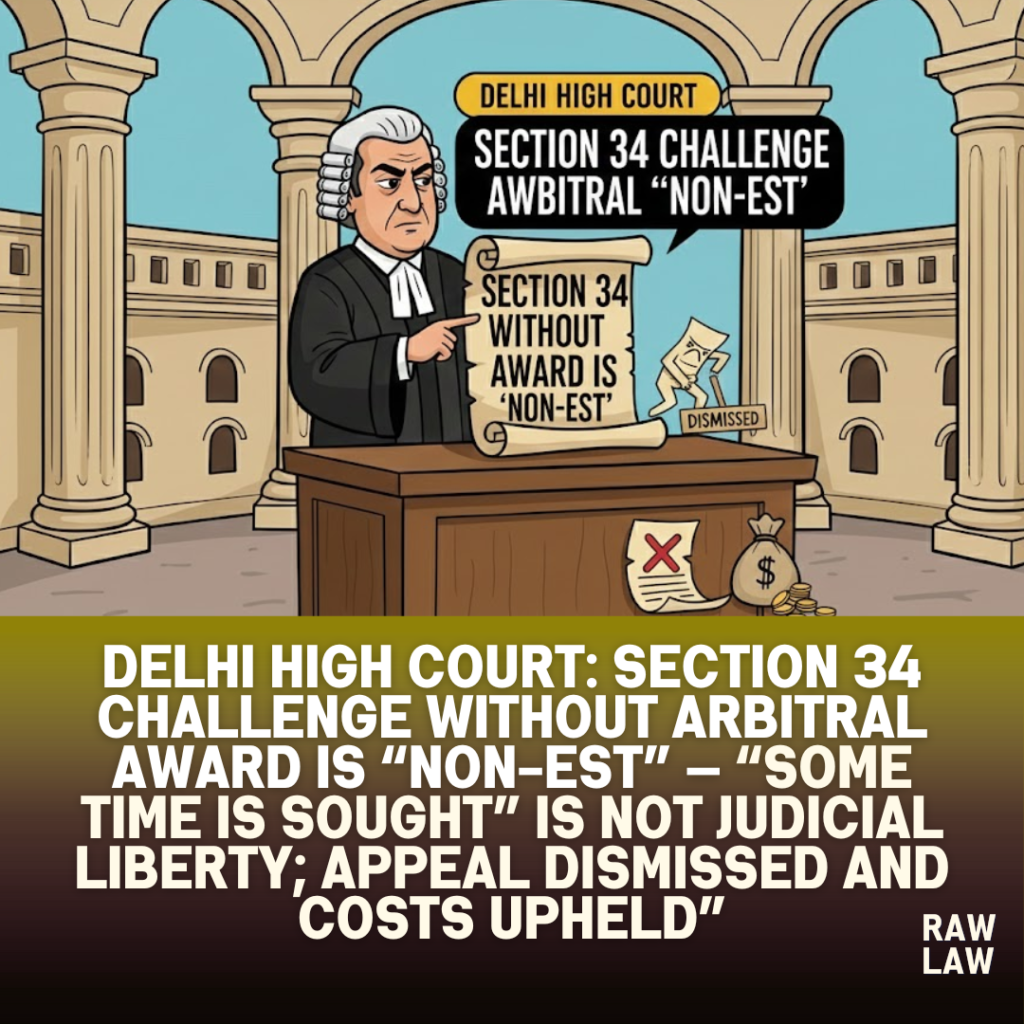 Delhi High Court: Section 34 challenge without arbitral award is “non-est” — “Some time is sought” is not judicial liberty; appeal dismissed and costs upheld 5 non-est