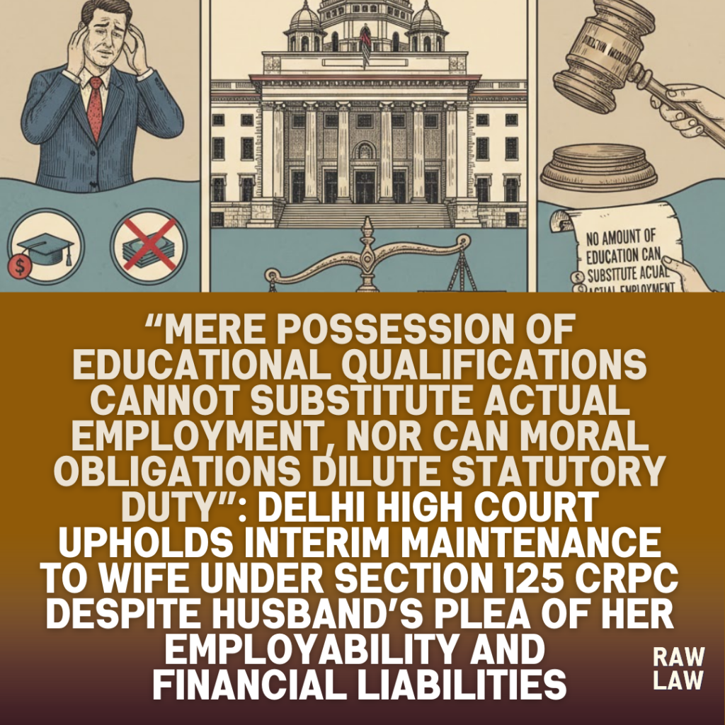 “Mere possession of educational qualifications cannot substitute actual employment, nor can moral obligations dilute statutory duty”: Delhi High Court upholds interim maintenance to wife under Section 125 CrPC despite husband’s plea of her employability and financial liabilities, applies ‘family resource cake’ principle, affirms ₹15,000 for wife, but marginally reduces maintenance for three-and-a-half-year-old child while stressing limited revisional interference 1 moral obligations