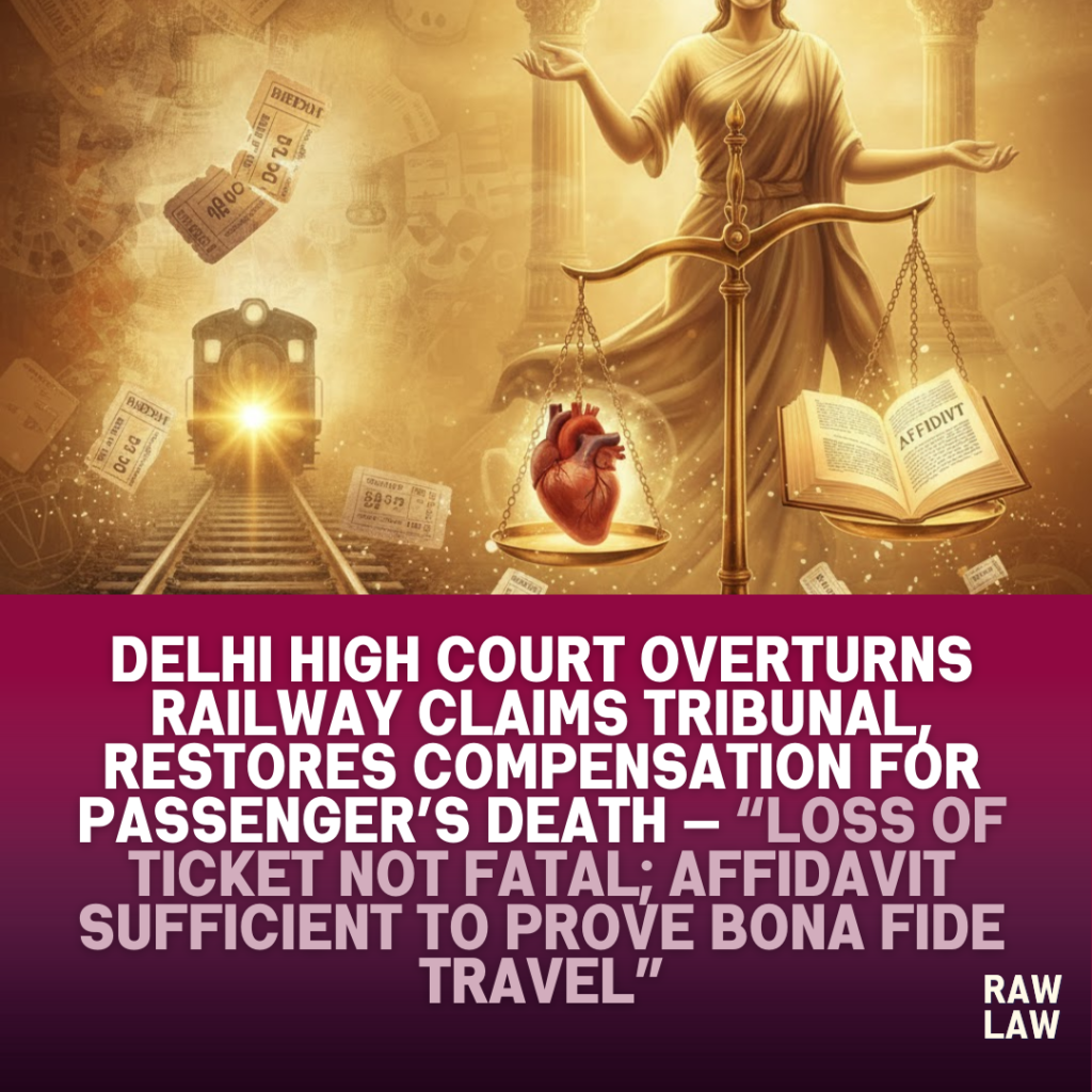 Delhi High Court overturns Railway Claims Tribunal, restores compensation for passenger’s death — loss of ticket not fatal; affidavit sufficient to prove bona fide travel 1 railway claim