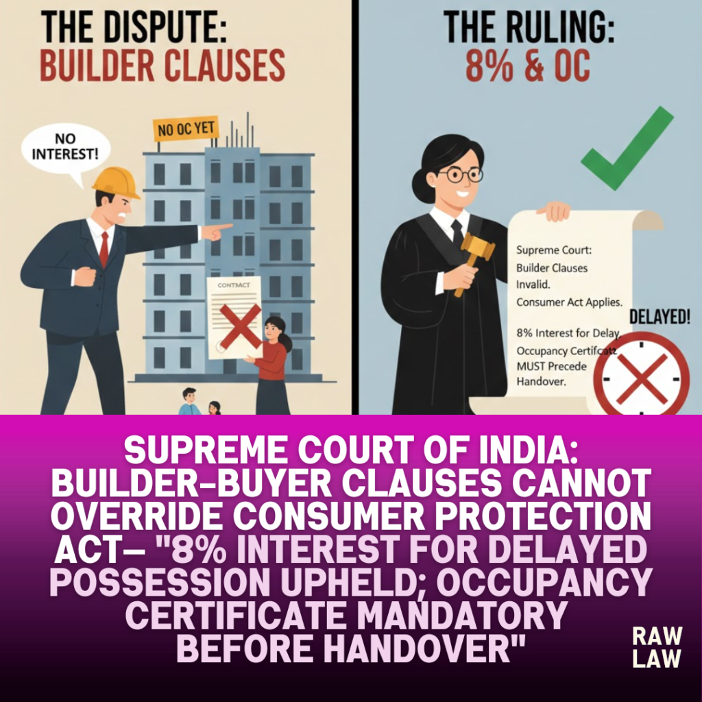 Supreme Court of India: Builder-buyer clauses cannot override Consumer Protection Act— "8% interest for delayed possession upheld; occupancy certificate mandatory before handover" 51 builder-buyer clause