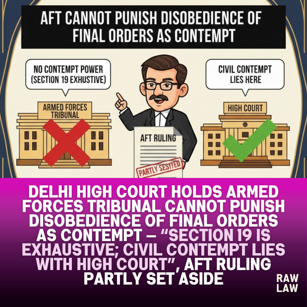 Delhi High Court holds Armed Forces Tribunal cannot punish disobedience of final orders as contempt — “Section 19 is exhaustive; civil contempt lies with High Court”, AFT ruling partly set aside 1 civil contempt