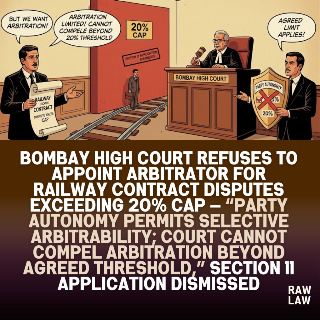 Bombay High Court refuses to appoint arbitrator for railway contract disputes exceeding 20% cap — “Party autonomy permits selective arbitrability; court cannot compel arbitration beyond agreed threshold,” Section 11 application dismissed 1 railway contract