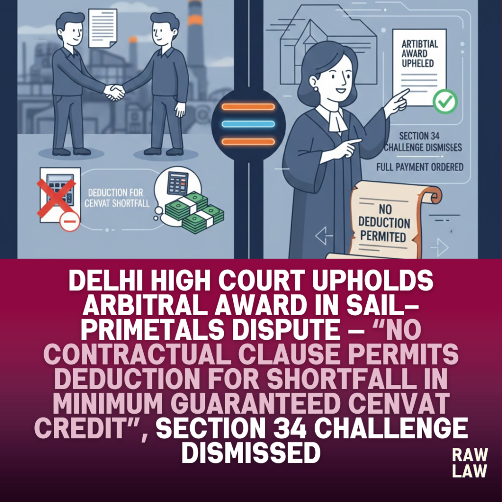 Delhi High Court upholds arbitral award in SAIL–Primetals dispute — “No contractual clause permits deduction for shortfall in minimum guaranteed CENVAT credit”, Section 34 challenge dismissed 1 arbitral award