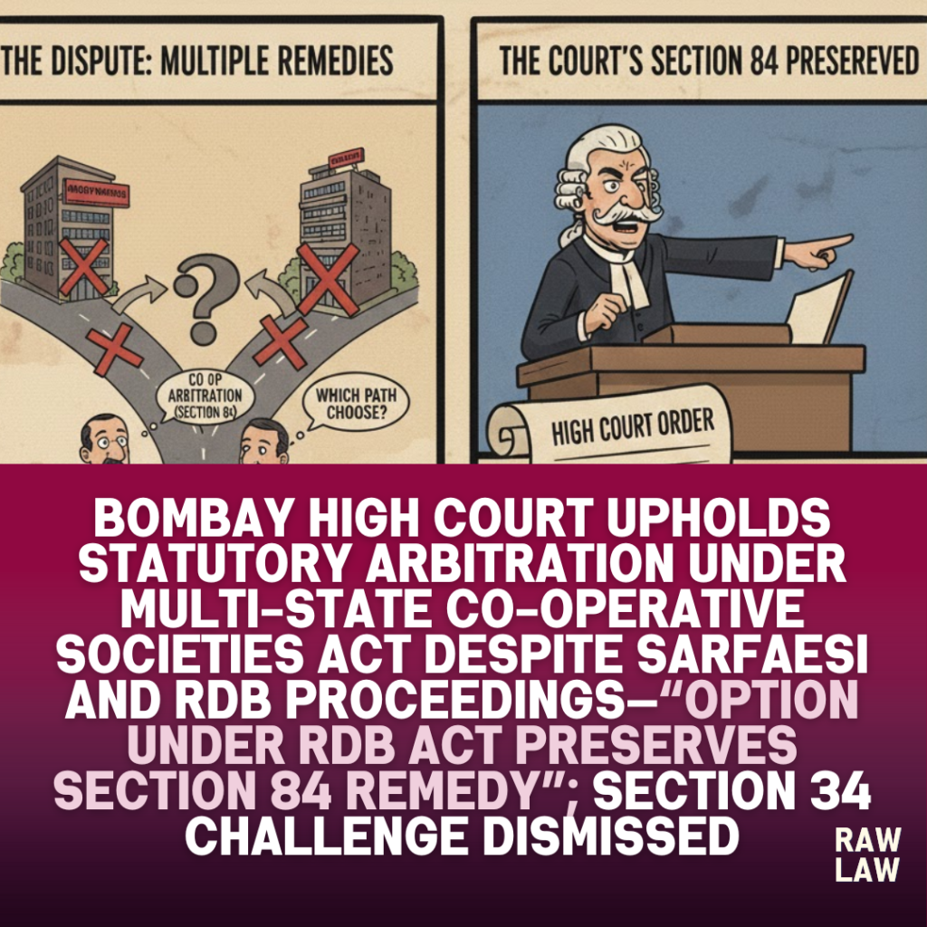 Bombay High Court upholds statutory arbitration under Multi-State Co-operative Societies Act despite SARFAESI and RDB proceedings—“Option under RDB Act preserves Section 84 remedy”; Section 34 challenge dismissed 1 Bombay High Court upholds statutory arbitration under Multi-State Co-operative Societies Act despite SARFAESI and RDB proceedings—“Option under RDB Act preserves Section 84 remedy”; Section 34 challenge dismissed