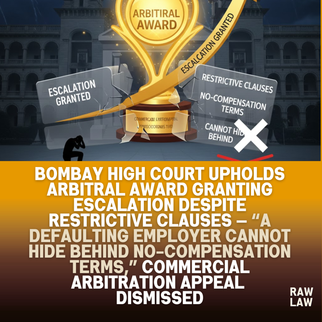 Bombay High Court upholds arbitral award granting escalation despite restrictive clauses — “A defaulting employer cannot hide behind no-compensation terms,” commercial arbitration appeal dismissed
