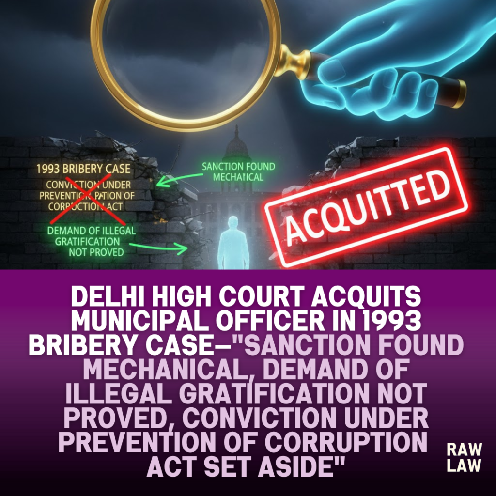 Delhi High Court acquits municipal officer in 1993 bribery case—"Sanction found mechanical, demand of illegal gratification not proved, conviction under Prevention of Corruption Act set aside" 1 bribery