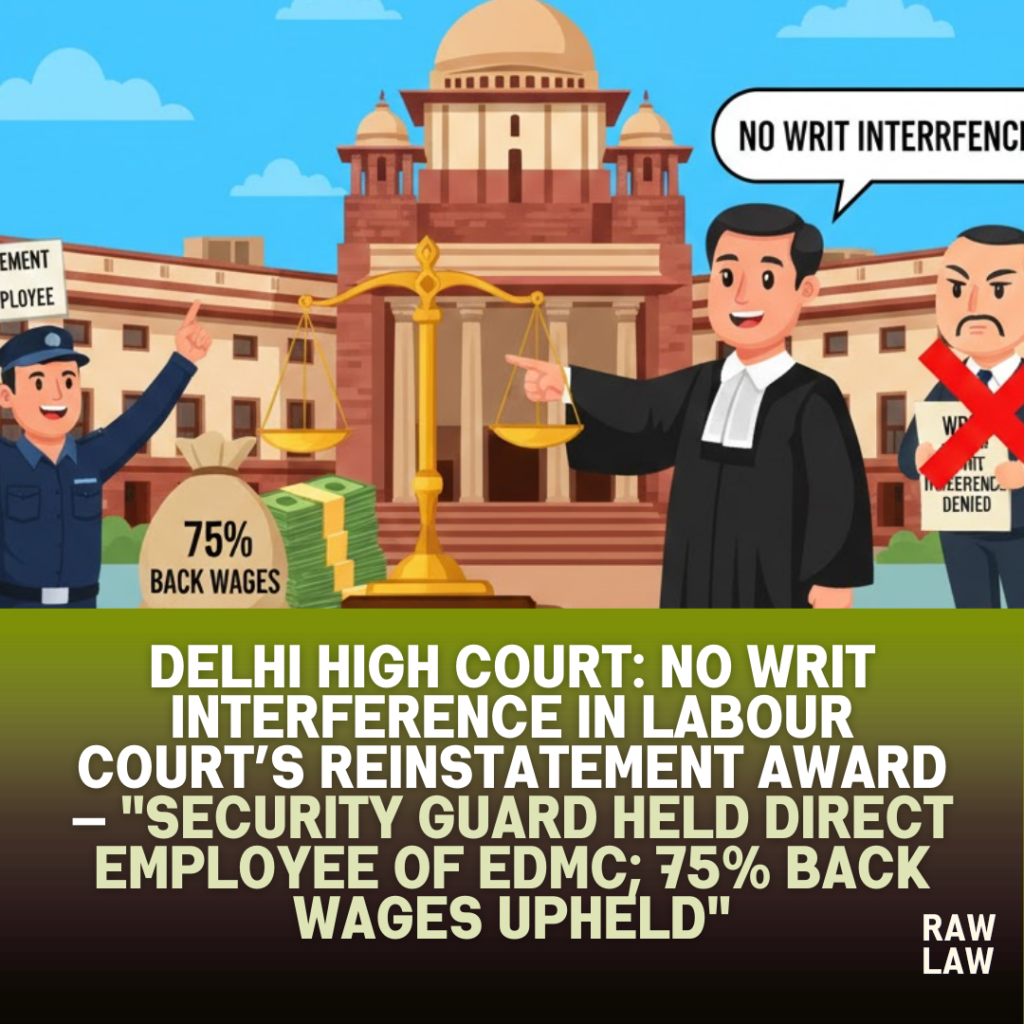 Delhi High Court: No writ interference in Labour Court’s reinstatement award— "Security guard held direct employee of EDMC; 75% back wages upheld" 1 award