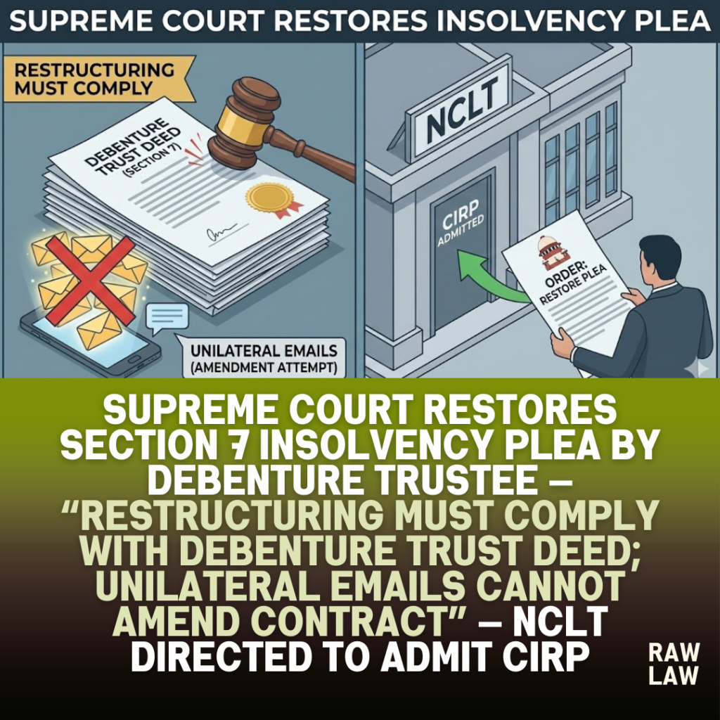 Supreme Court restores Section 7 insolvency plea by debenture trustee — “Restructuring must comply with Debenture Trust Deed; unilateral emails cannot amend contract” — NCLT directed to admit CIRP 1 insolvency