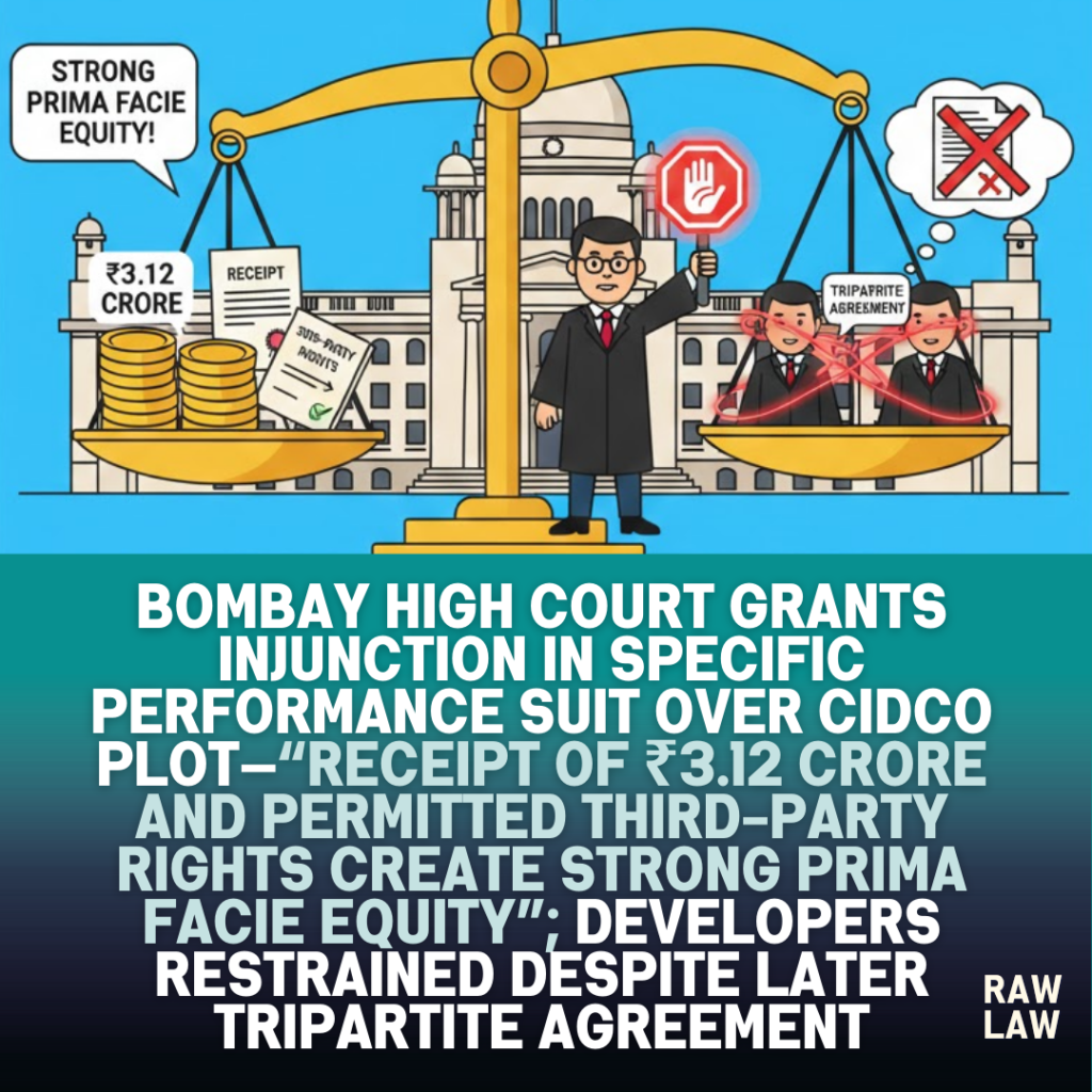 Bombay High Court grants injunction in specific performance suit over CIDCO plot—“receipt of ₹3.12 crore and permitted third-party rights create strong prima facie equity”; developers restrained despite later tripartite agreement