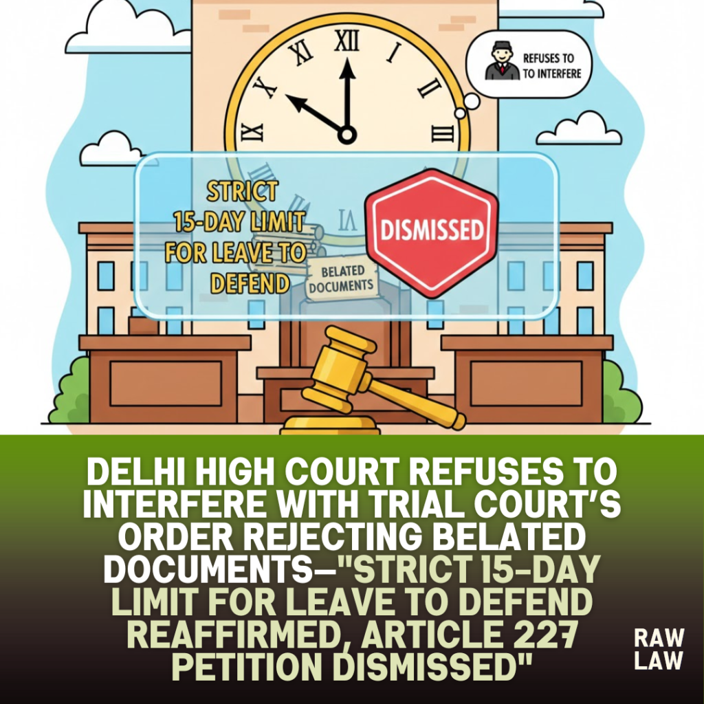 Delhi High Court refuses to interfere with trial court’s order rejecting belated documents—"Strict 15-day limit for leave to defend reaffirmed, Article 227 petition dismissed" 1 trial court