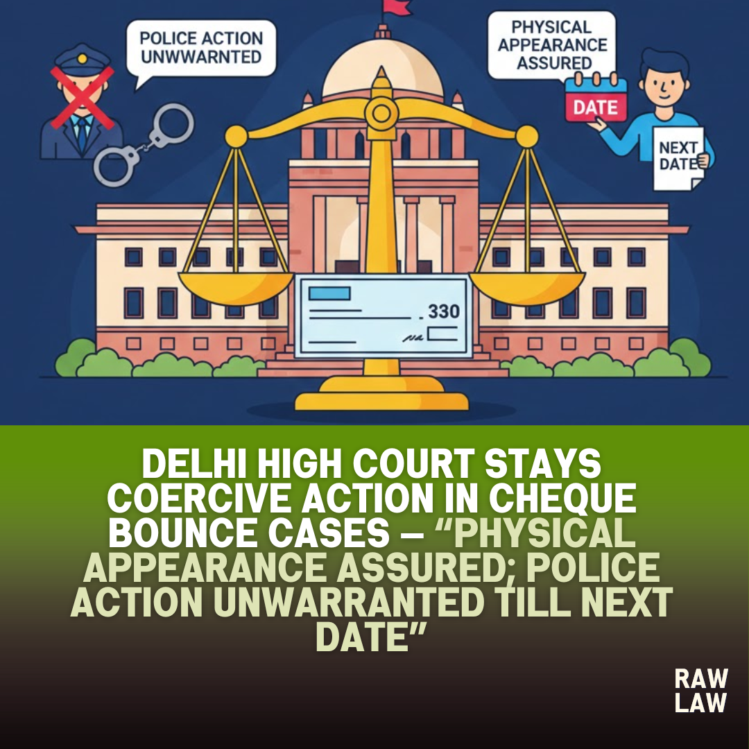 Delhi High Court stays coercive action in cheque bounce cases — “Physical appearance assured; police action unwarranted till next date” 64 cheque bounce