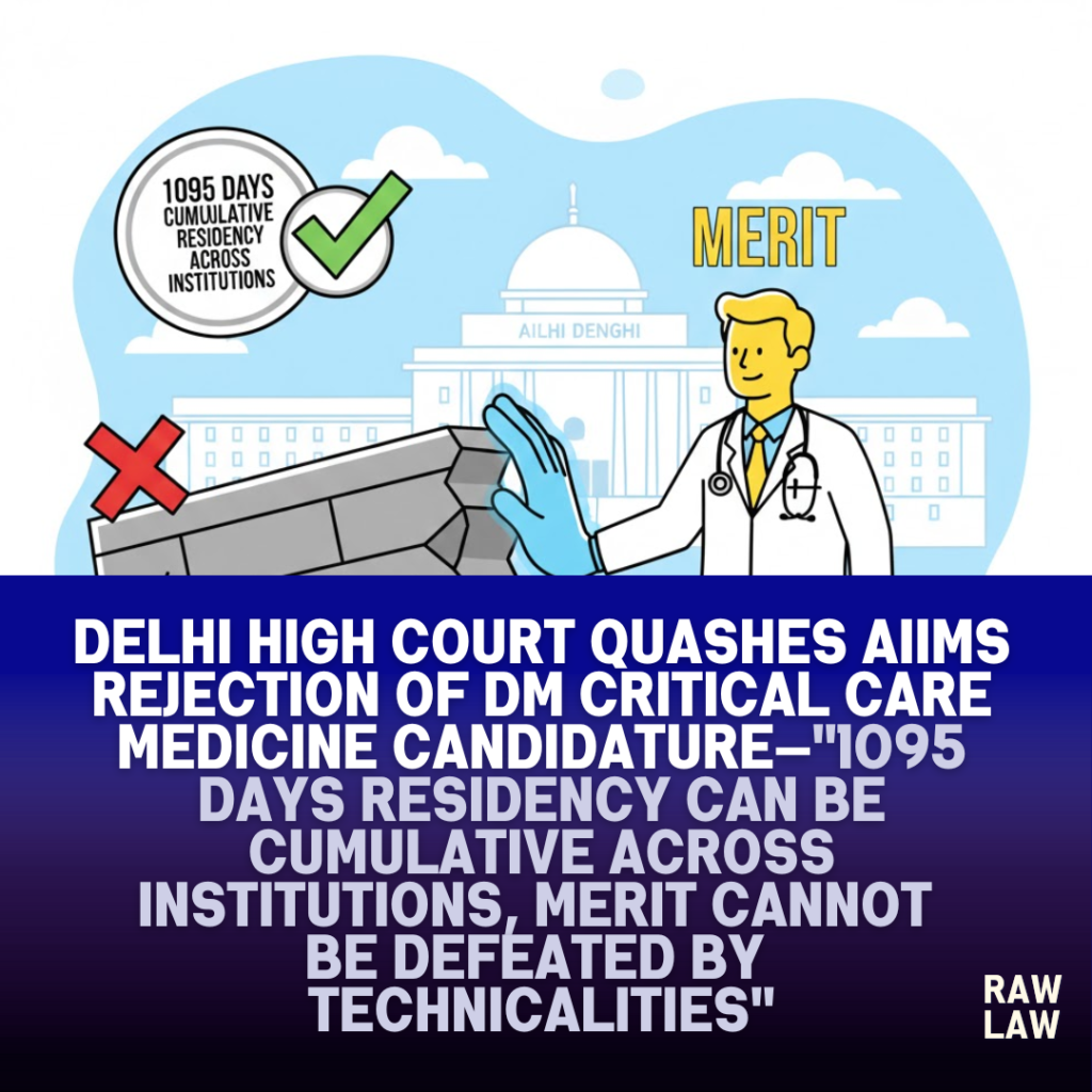 Delhi High Court quashes AIIMS rejection of DM Critical Care Medicine candidature—”1095 days residency can be cumulative across institutions, merit cannot be defeated by technicalities”