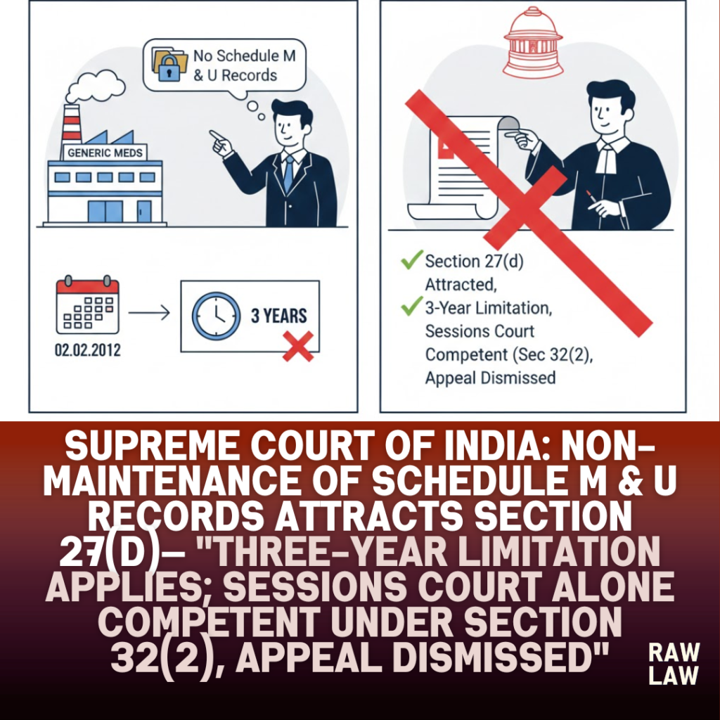 Supreme Court of India: Non-maintenance of Schedule M & U records attracts Section 27(d)— "Three-year limitation applies; Sessions Court alone competent under Section 32(2), appeal dismissed" 56 m&u records