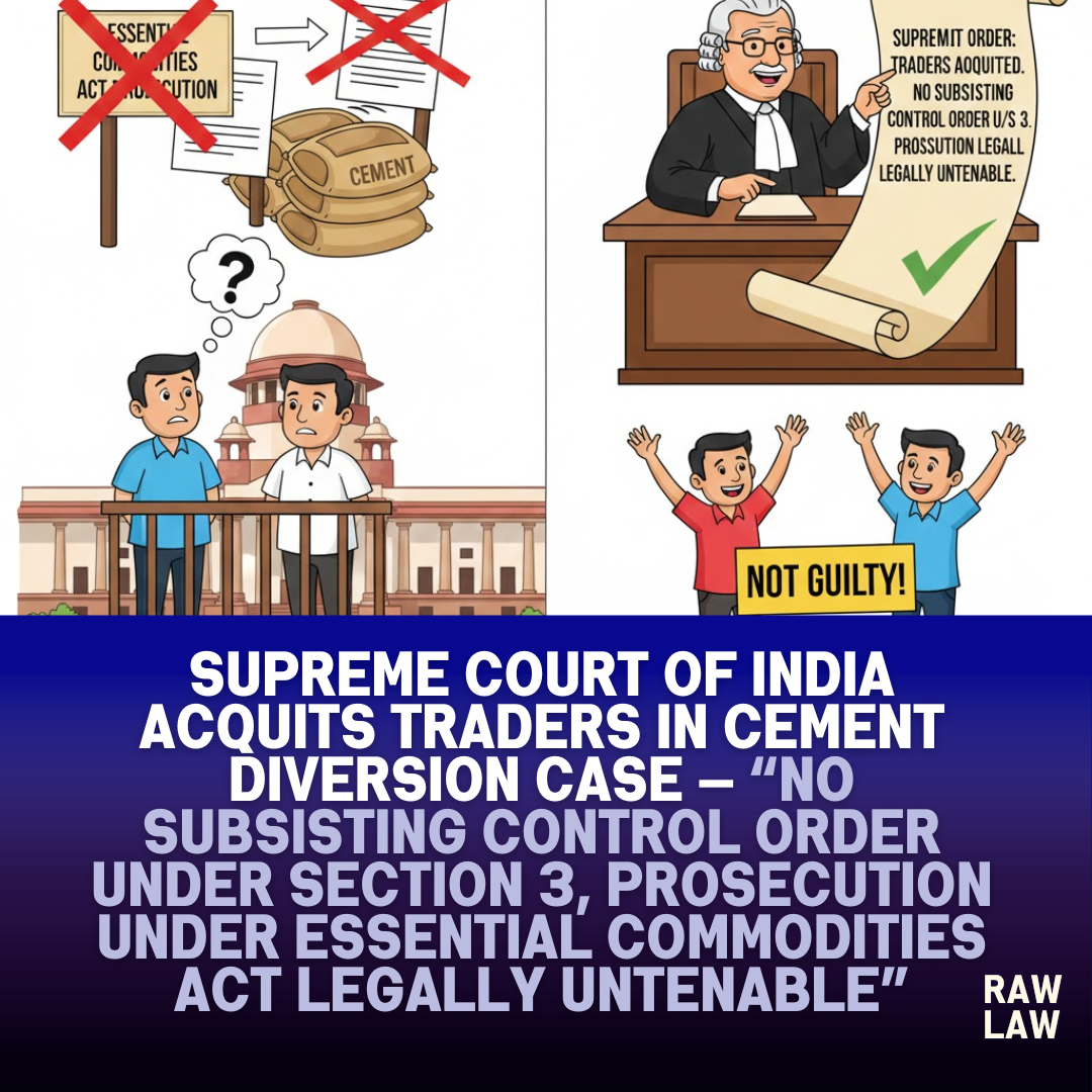 Supreme Court of India acquits traders in cement diversion case — “No subsisting control order under Section 3, prosecution under Essential Commodities Act legally untenable” 62 cement diversion