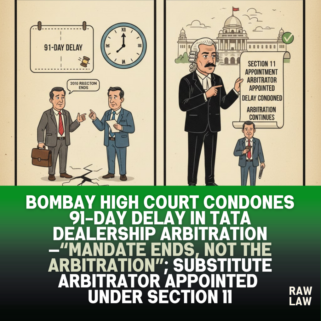 Bombay High Court condones 91-day delay in Tata dealership arbitration—“Mandate ends, not the arbitration”; substitute arbitrator appointed under Section 11 1 tata dealership