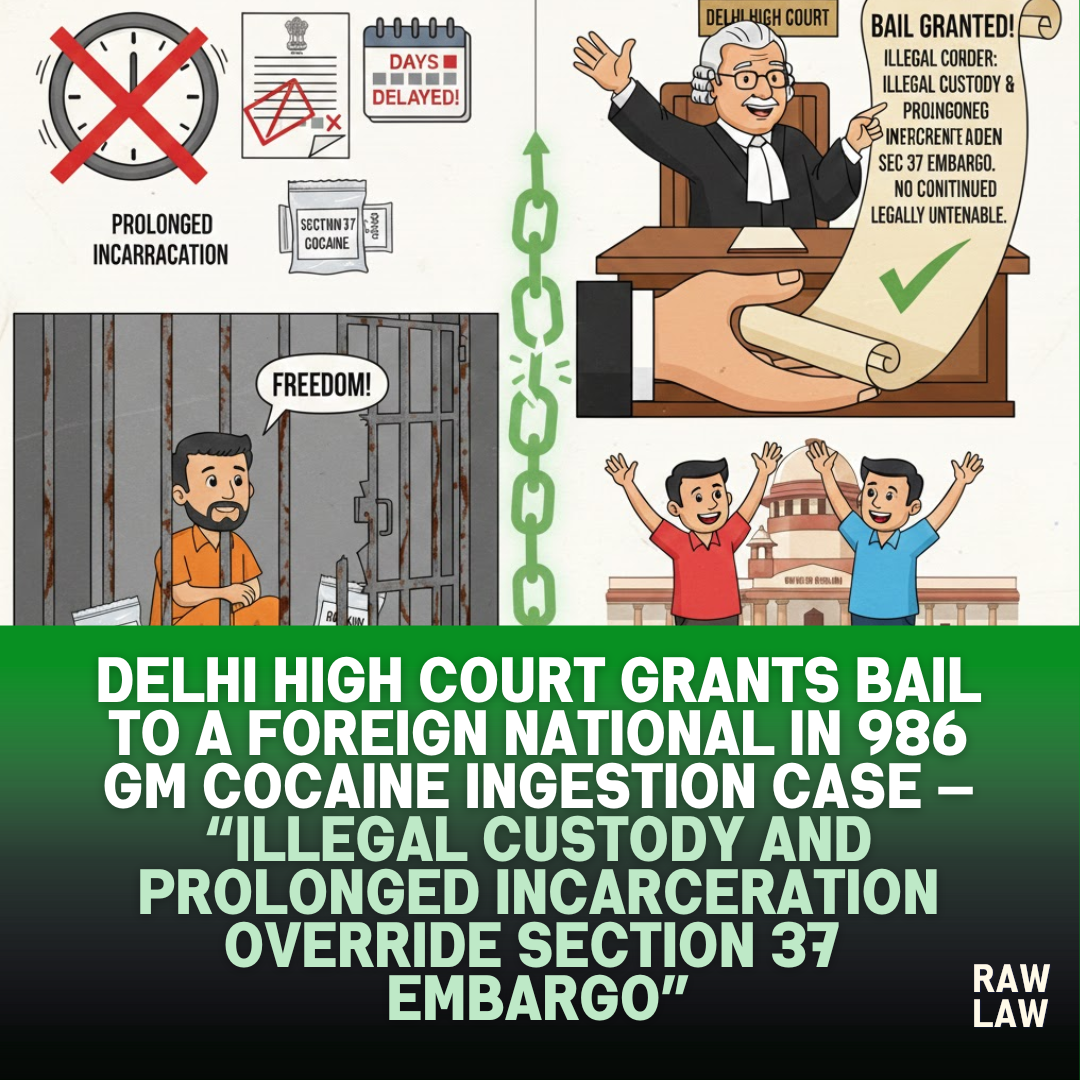 Delhi High Court grants bail to foreign national in 986 gm cocaine ingestion case — “Illegal custody and prolonged incarceration override Section 37 embargo” 61 cocaine ingestion
