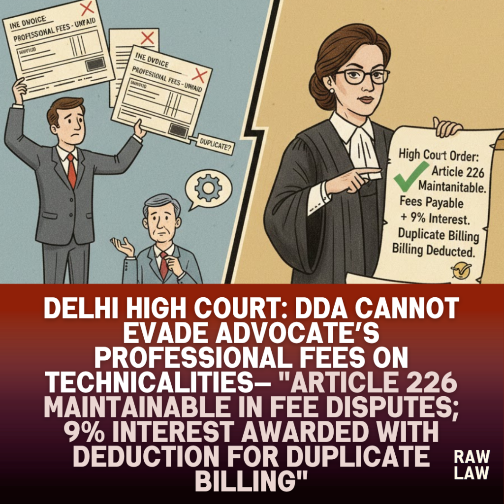 Delhi High Court: DDA cannot evade advocate’s professional fees on technicalities— "Article 226 maintainable in fee disputes; 9% interest awarded with deduction for duplicate billing" 53 professional fees