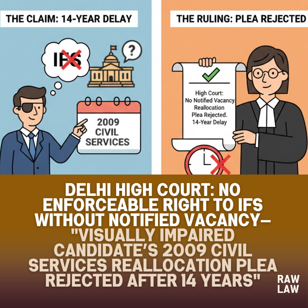 Delhi High Court: No enforceable right to IFS without notified vacancy— "Visually impaired candidate’s 2009 Civil Services reallocation plea rejected after 14 years" 52 IFS