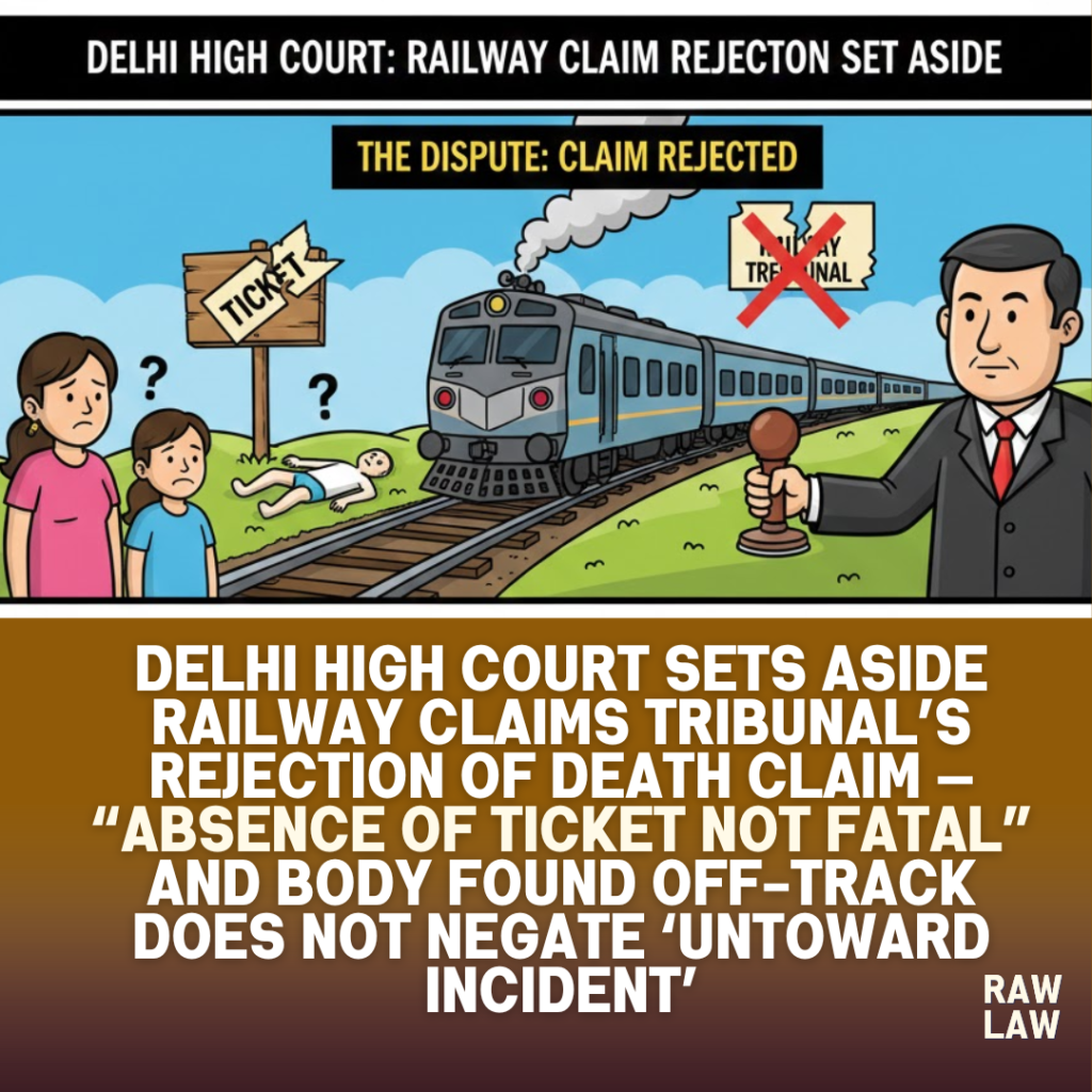 Delhi High Court sets aside Railway Claims Tribunal’s rejection of death claim — “Absence of ticket not fatal” and body found off-track does not negate ‘untoward incident’ 1 death claim