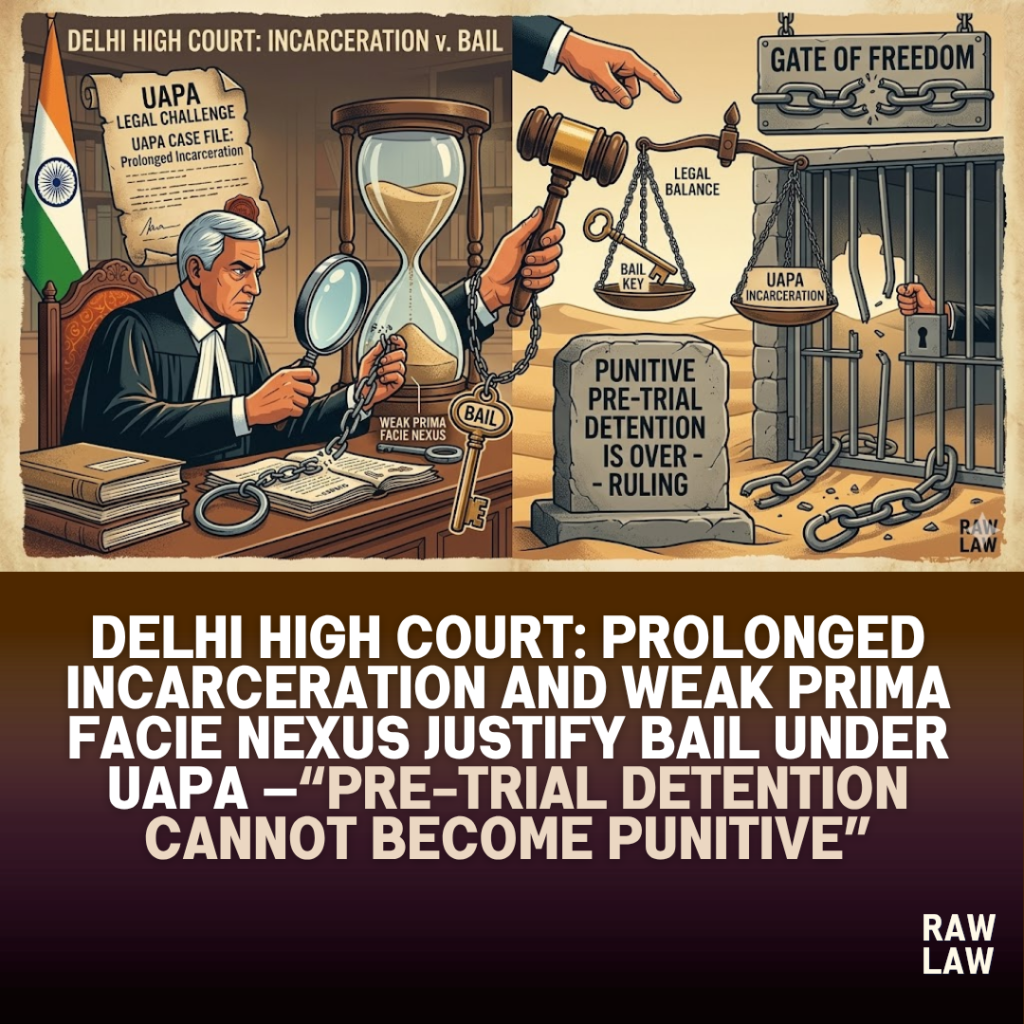 Delhi High Court: Prolonged incarceration and weak prima facie nexus justify bail under UAPA —“Pre-trial detention cannot become punitive” 1 prima facie
