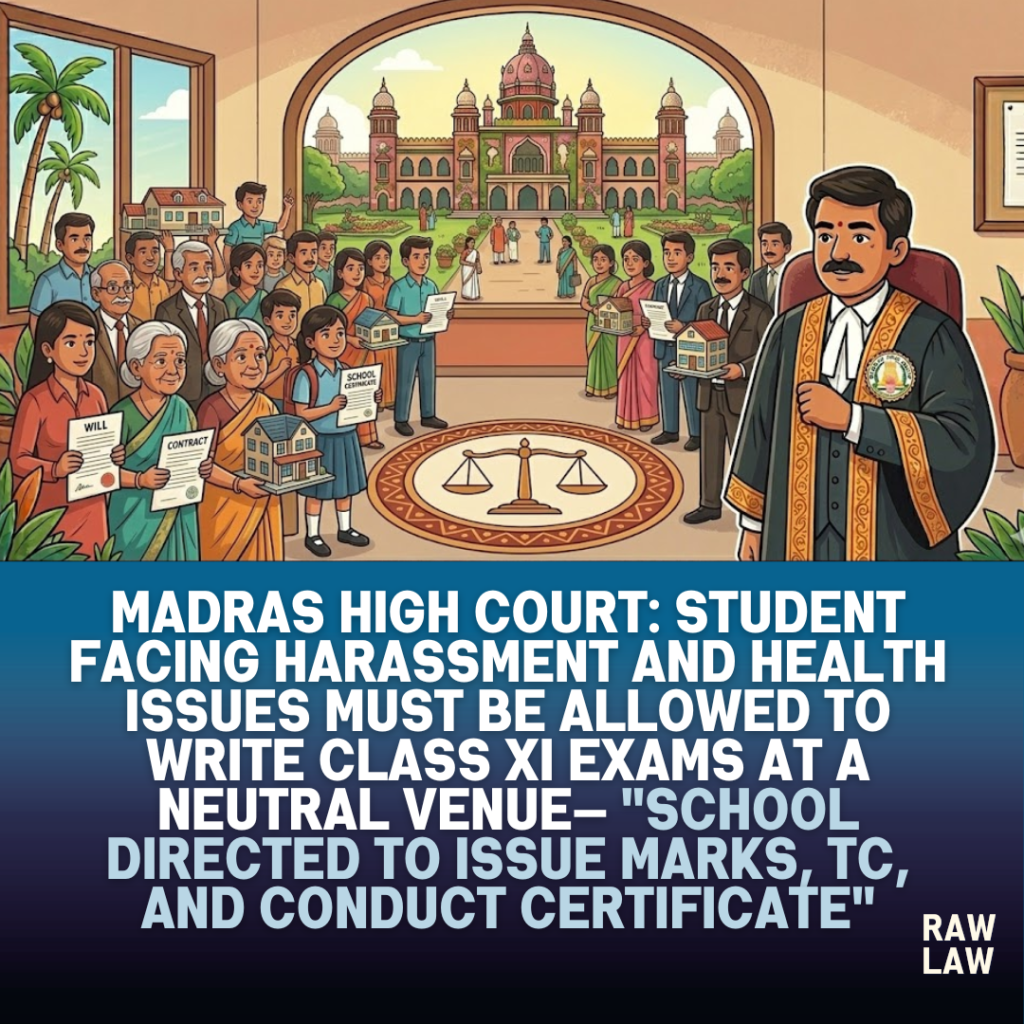 Madras High Court: Student facing harassment and health issues must be allowed to write Class XI exams at a neutral venue— "School directed to issue marks, TC, and conduct certificate" 55 harassment