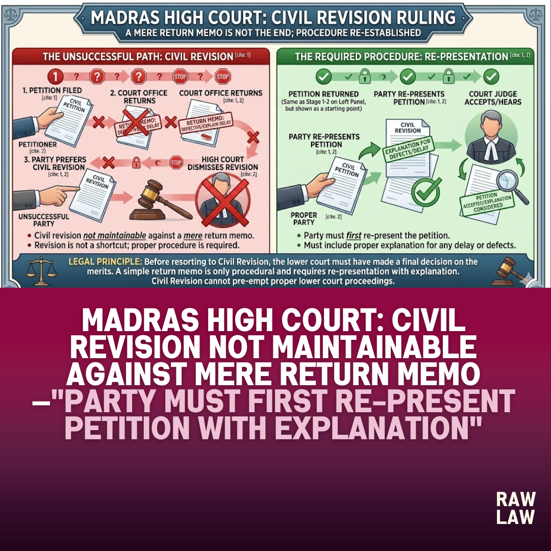 Madras High Court: Civil revision not maintainable against mere return memo—"Party must first re-present petition with explanation" 64 return memo