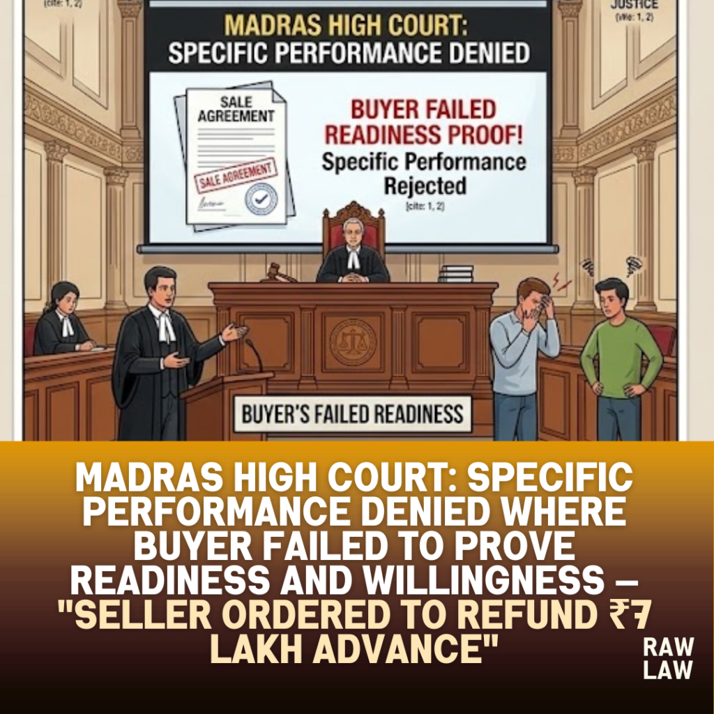 Madras High Court: Specific performance denied where buyer failed to prove readiness and willingness — "Seller ordered to refund ₹7 lakh advance" 52 specific performance